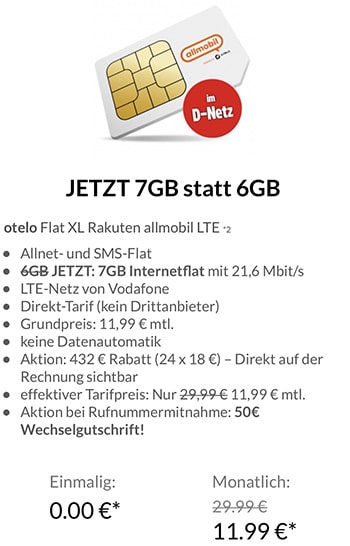 Allmobil otelo - Vodafone LTE Allnet Flat mit 7GB für 11,99€