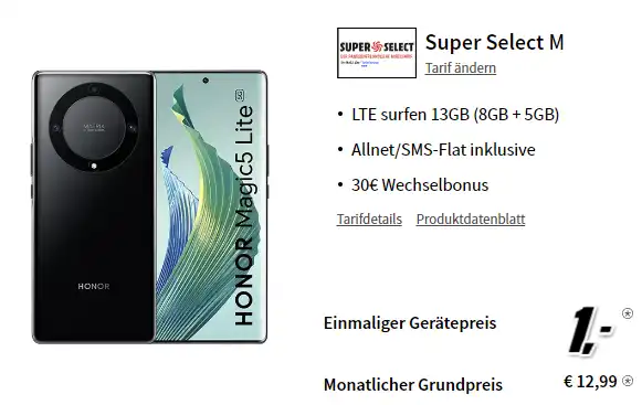 Honor Magic5 Lite für 1€ mit 13 GB o2 Vertrag eff. 4,07 € | mit MNP eff. 2,82 €