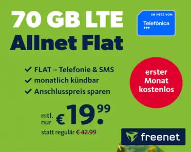 70 GB Allnet-Flat für nur 19,99 € monatlich kündbar – Jetzt GRATIS testen!