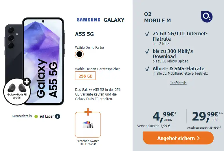 25GB Bundle eff. 0,70€/Monat: Galaxy A55, Switch OLED & Buds