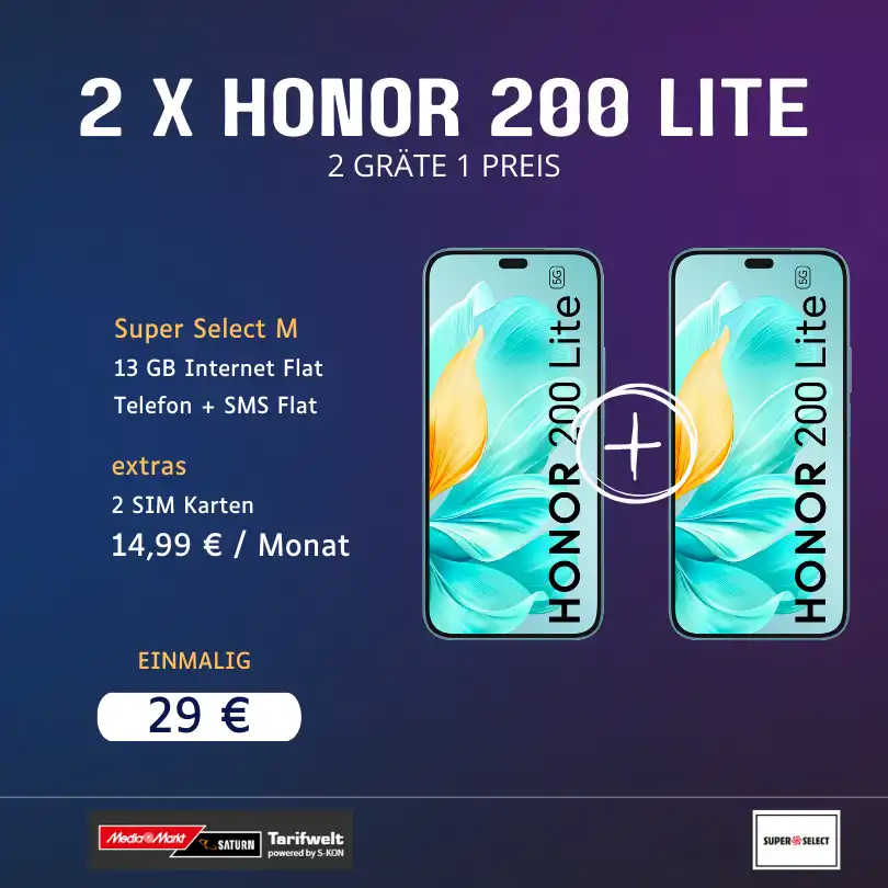 2 x Honor 200 Lite für 29€ mit 13 GB o2 Super Select M eff. -6,74€