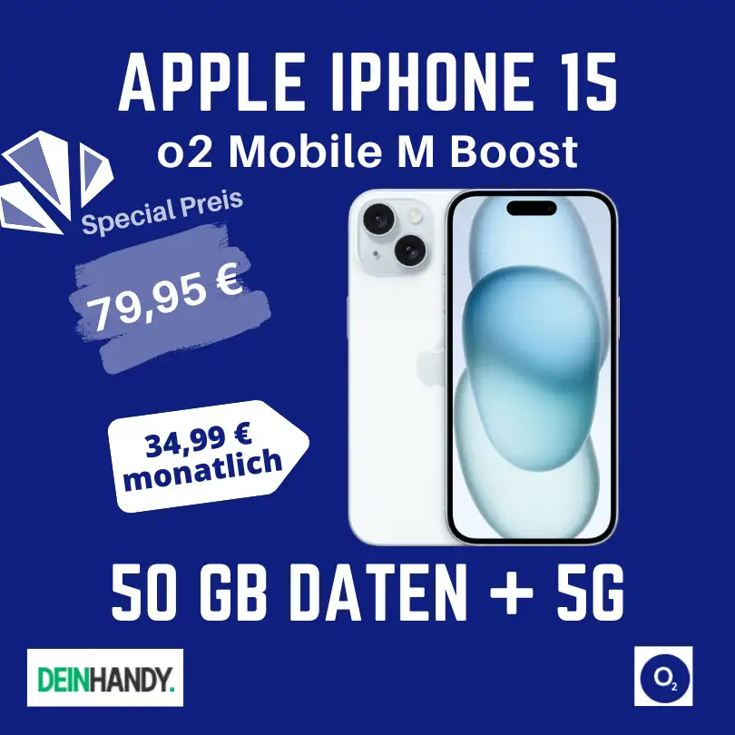 iPhone 15 für 79,95€ mit o2 Mobile 50GB effektiv 8,03€