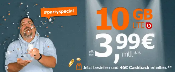 Allmobil 10 GB Vodafone Flat: 46€ Cashback, nur 3,99€/Monat