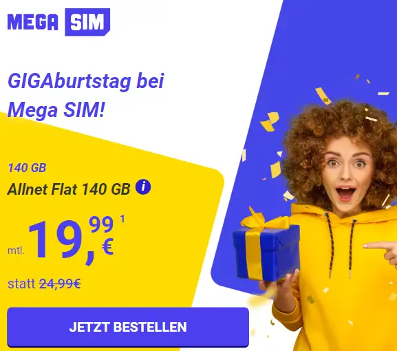 Mega SIM Tarife mit Datenvolumen bis 280 GB ab 7,99€