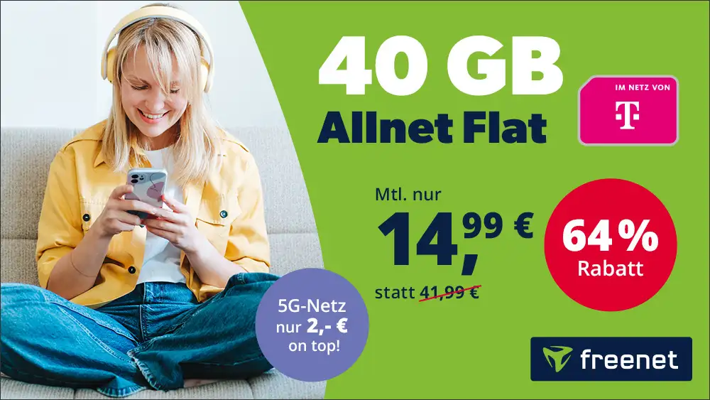 40 GB Telekom Allnet Flat für 14,99€ – Mit 5G nur 2€ mehr!