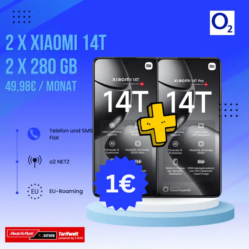 2x Xiaomi 14T für 1€ & 2x o2 Mobile XL – 280 GB für 49,98 €