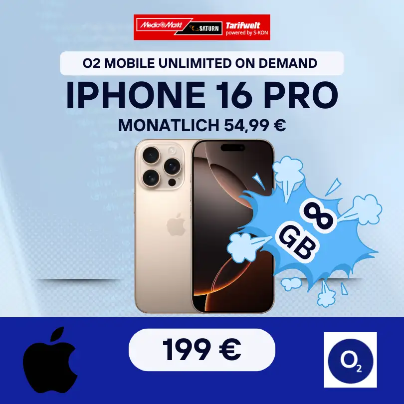 iPhone 16 Pro: 199€ + o2 Unlimited für 19,97€/Monat