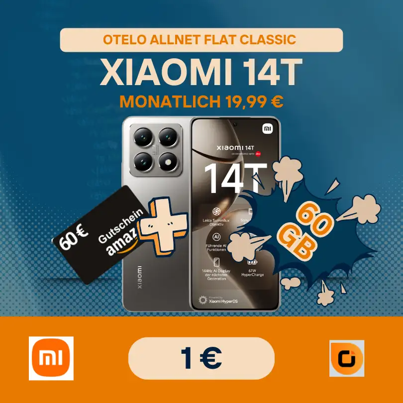 Xiaomi 14T für 1€ + 60GB 5G Flat ➡️ -4,55€ mtl.