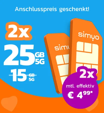 🔥 Simyo: 25 GB o2 Doppel-Tarif ab 4,99€ effektiv 📱