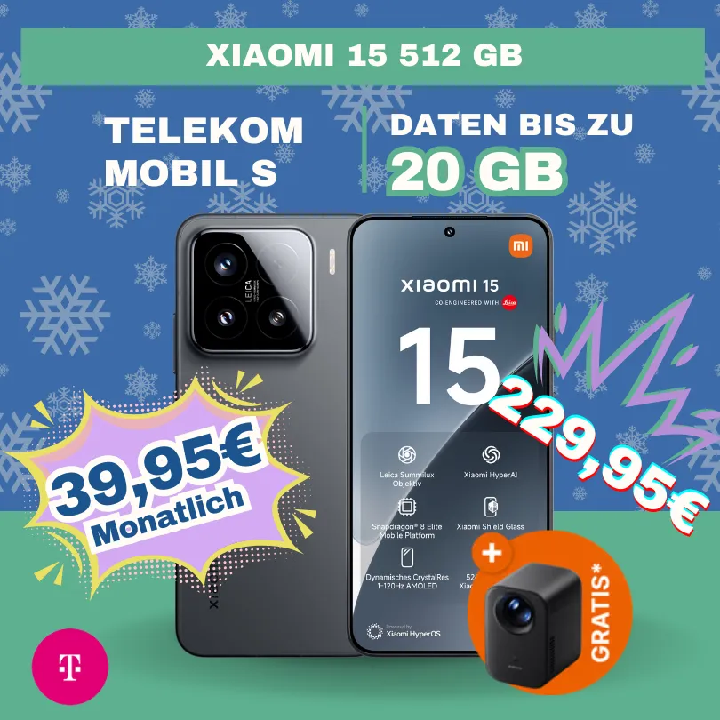 📱 Xiaomi 15 + Telekom: 20GB 5G, gratis Beamer, -8€ eff.