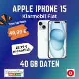 Apple iPhone 15 für 49,99€ mit Klarmobil 40GB eff. gratis